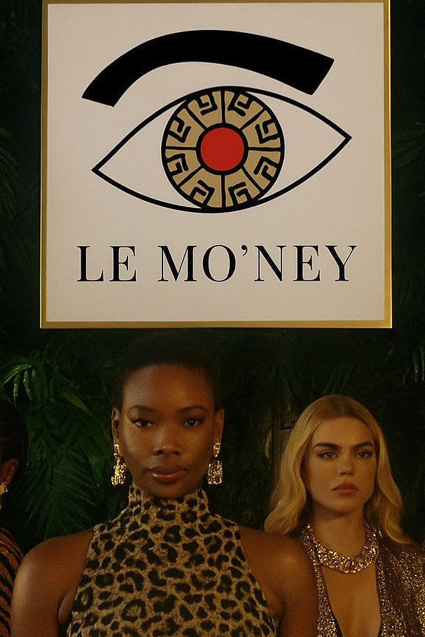 Models in patterned outfits with 'LE MO'NEY' logo and eye design in the background